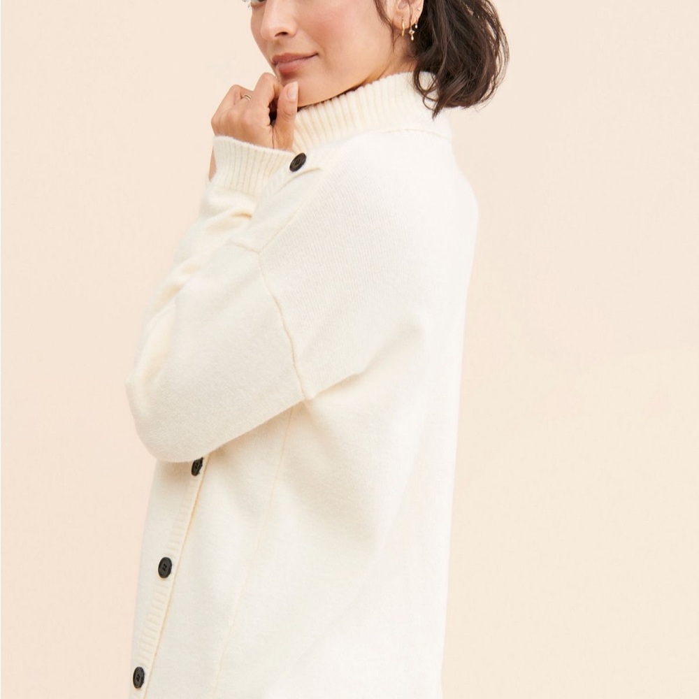 Anthropologie Cream Button-Detail Turtleneck Cardigan Sweater